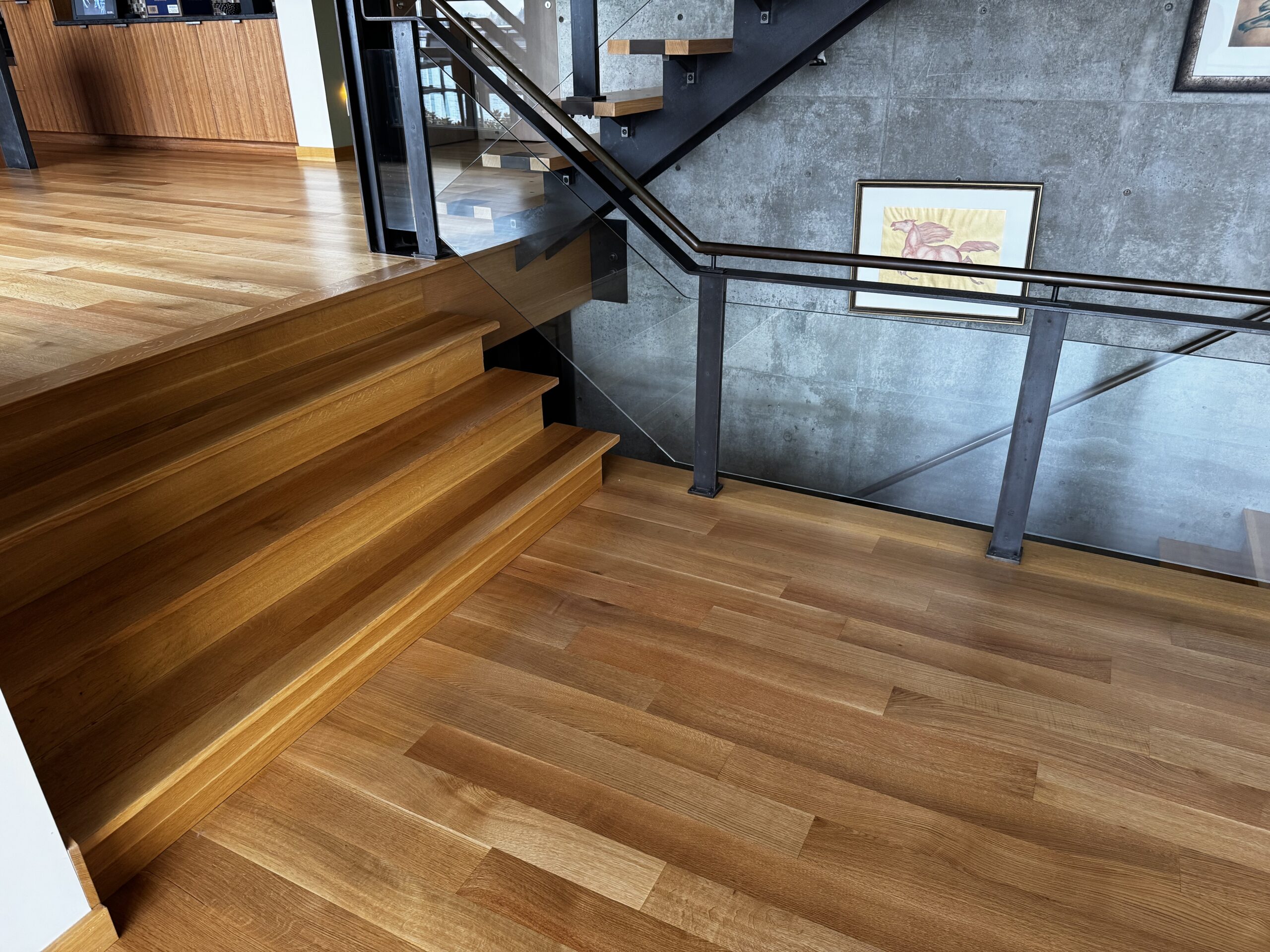 White oak hardwood refinishing in a modern lakefront Mercer Island home with Swedish finish
