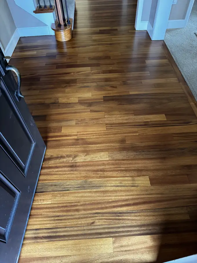 Tatajuba hardwood entry refinished with a satin water-based finish