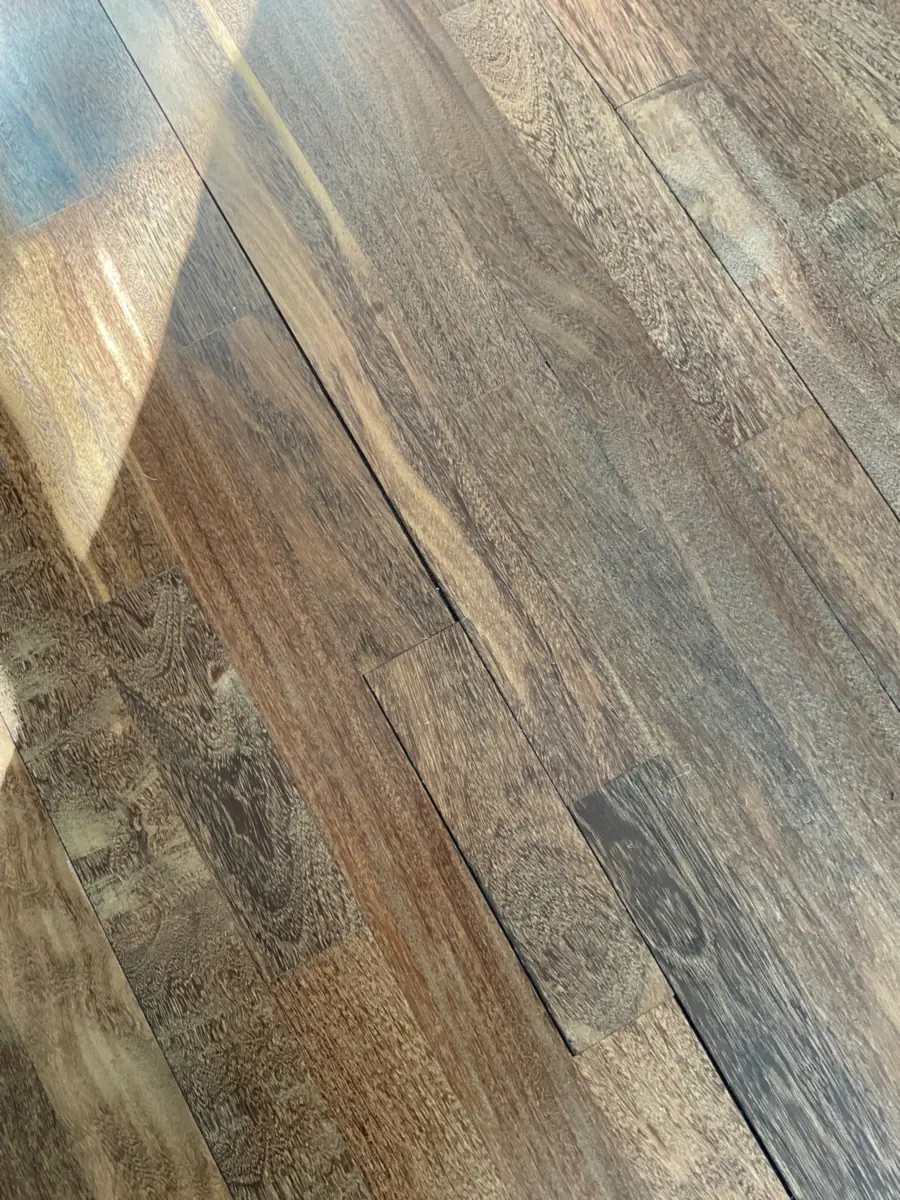 Ipe Floor Refinishing in Capitol Hill, Seattle 5 Dull, worn finish and visible grain on Brazilian walnut flooring